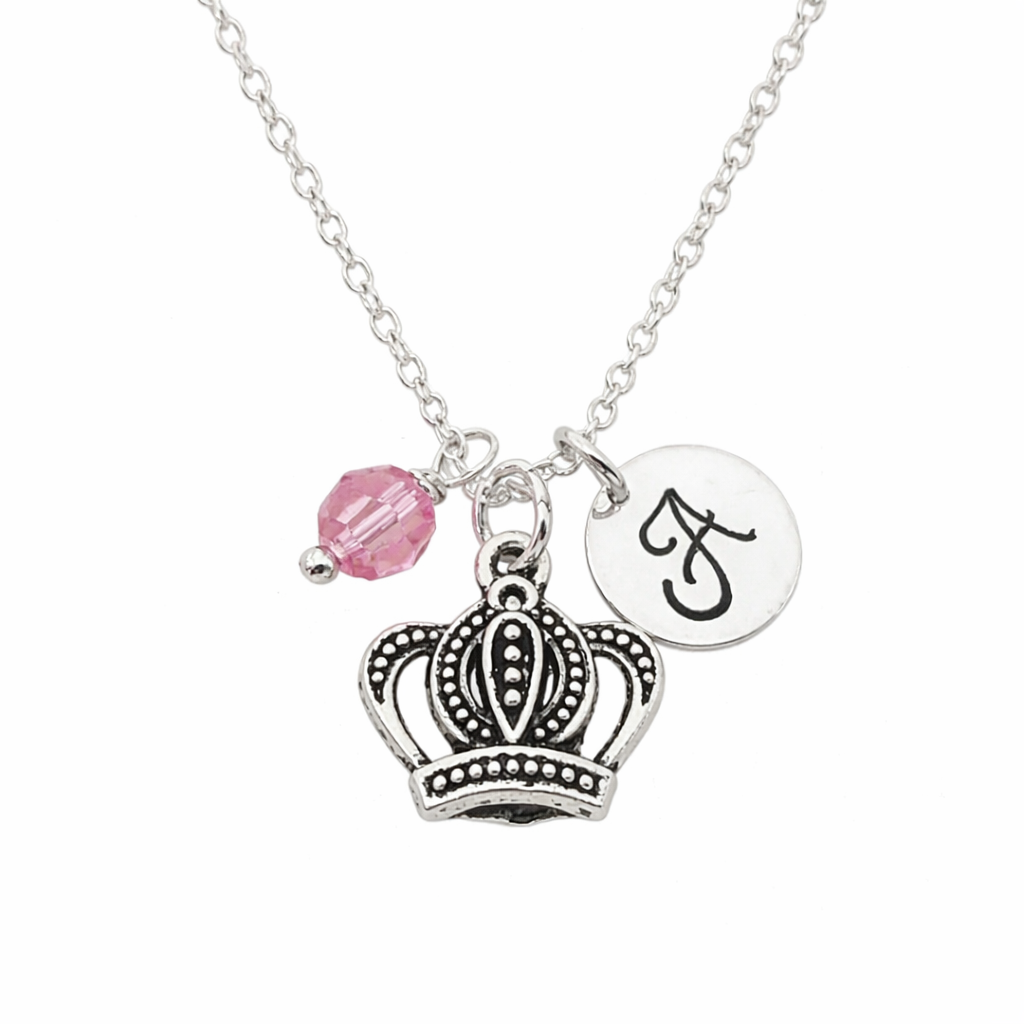 Crown Necklace – Sterling Silver with Birthstone & Initial Charm